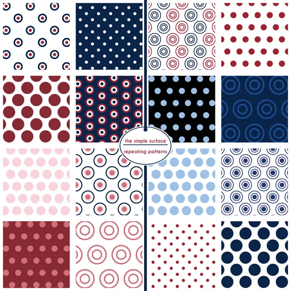 Polka dot seamless patterns. Red, white and blue polka dots - 16 repeating patterns for digital paper, scrapbooking, gift wrap, invitations, announcements, backgrounds, borders and more. Red, white, blue and navy. Classic, retro, vintage style. Stock Illustration