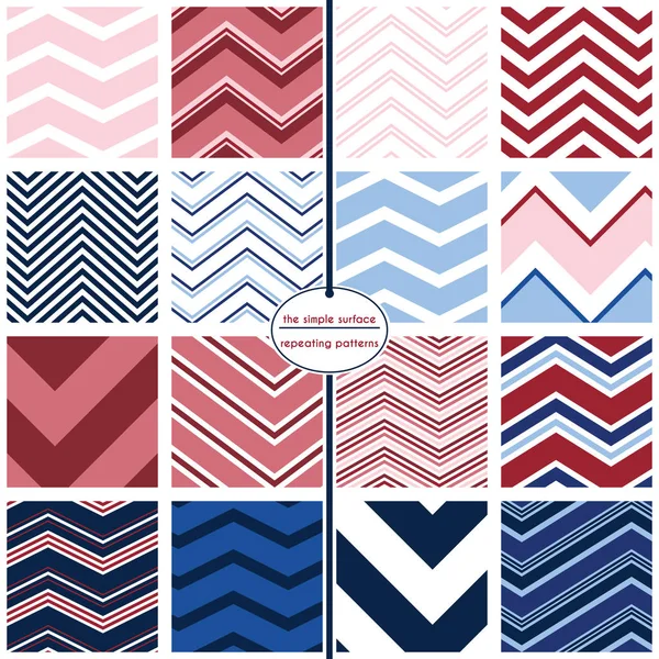 Chevron seamless patterns. 16 chevron patterns for digital paper, scrapbooking, gift wrap, invitations, announcements, backgrounds, borders and more. Red, white, blue, navy. Preppy, vintage, retro, classic style. Stock Vector