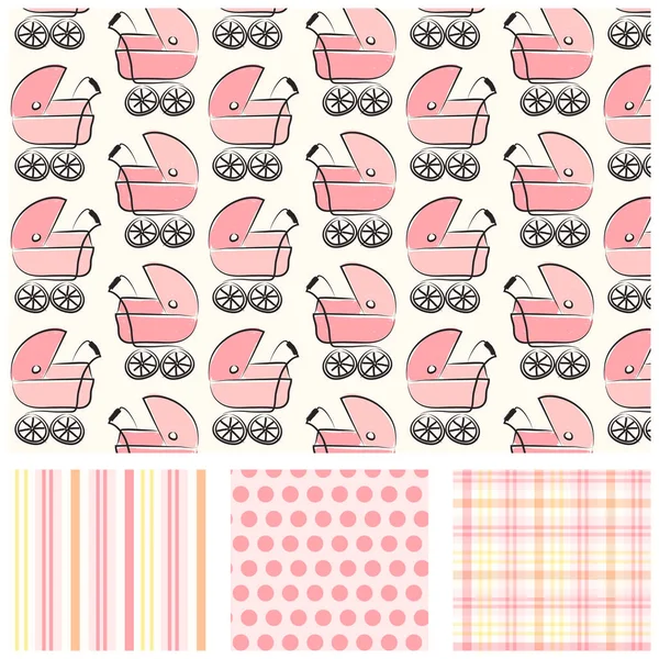Pink and peach seamless baby carriage print with coordinating stripe, polka dot and plaid patterns. Pram print for baby shower paper, fabric, gift wrap, cards, invitations, announcements and more. Simple, retro, vintage, style. Stock Illustration