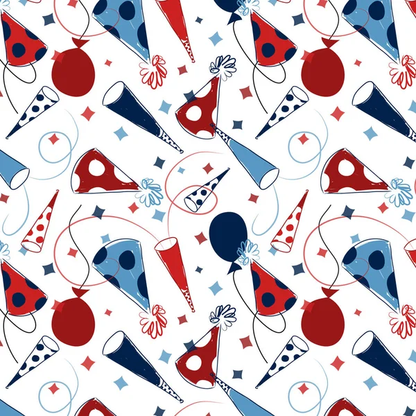 Seamless party pattern with party hats, balloons, noise makers and confetti in red, white and blue. Repeating pattern for gift wrap, scrapbook paper, cards and more. Birthday party paper. Happy New Year pattern. Royalty Free Stock Vectors