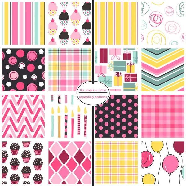 Happy birthday seamless patterns. Candle, gift, cupcake, balloon, stripe, plaid, gingham, polka dot, diamond, swirl, and chevron prints for backgrounds, banners, scrapbook paper, gift wrap, cards, invitations and more. Pink, teal, mint green, yellow. Royalty Free Stock Illustrations
