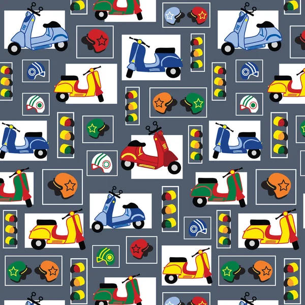 Scooter seamless pattern. Motorbike repeating pattern for fabric, backgrounds, banners, gift wrap, scrapbook paper and more. Hand drawn transportation, travel, bike, helmet and traffic light icons. Red, blue, green, yellow. Modern, vintage, retro. Vector Graphics