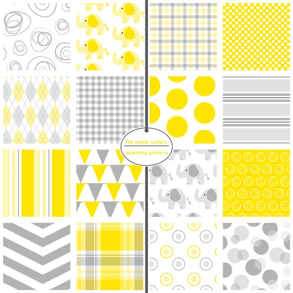 Yellow and grey seamless patterns. Polka dot, plaid, gingham, argyle, stripe, chevron, bunting, swirl and elephant prints for fabric, backgrounds, baby shower paper, scrapbooking or gift wrap. Cute, sweet, simple, pastel, unisex swatches. Gray. Royalty Free Stock Vectors