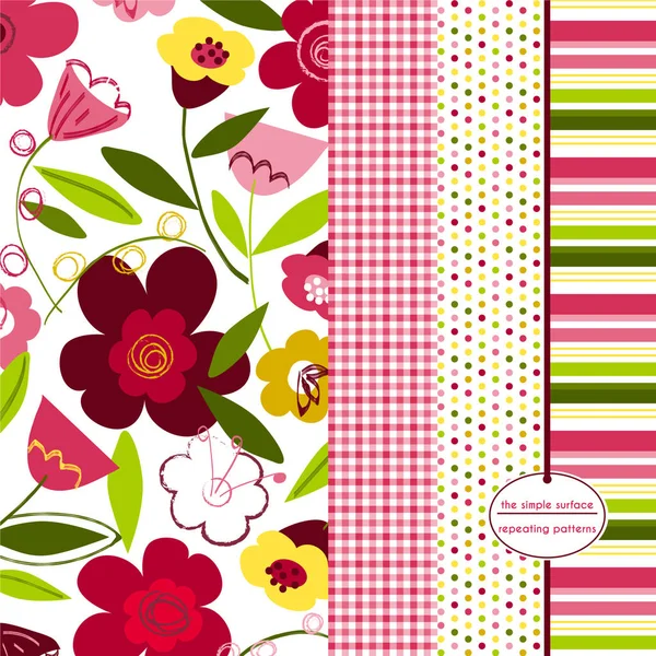 Flower seamless pattern. Fun floral pattern with coordinating gingham, polka dot and stripe prints. Repeating patterns for fabric, scrapbook paper, gift wrap, cards and more. Feminine, modern, whimsical, abstract, tulips. Spring, summer. Pink, green. Stock Vector