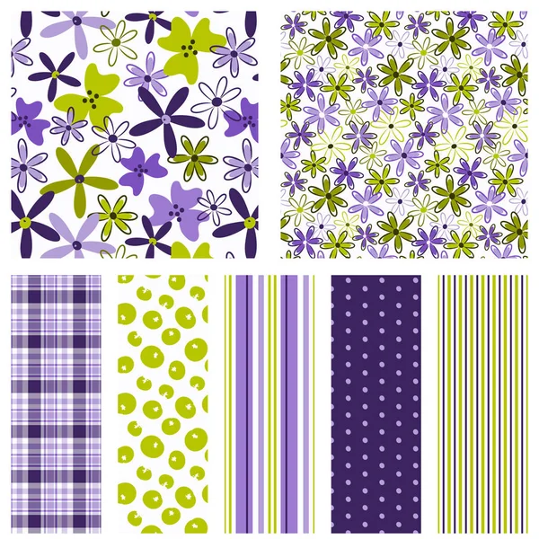 Flower seamless patterns. Purple and green floral patterns with coordinating plaid, polka dot and stripe prints for fabric, gift wrap, scrapbook paper, backgrounds and more. Floral ditsy print. Feminine. Spring, summer, modern, cute, sweet patterns. Royalty Free Stock Vectors