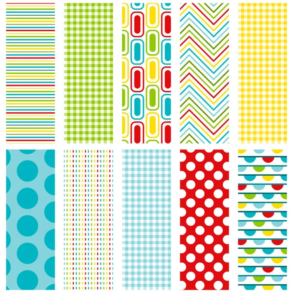 10 colorful seamless patterns for digital paper, scrapbooking, cards, invitations, announcements, gift wrap, backgrounds, borders and more. File includes stripe, gingham, rectangle, zigzag, polka dot, dash and bunting patterns. Stock Vector
