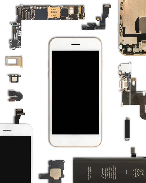Componenti per smartphone isolati su bianco — Foto Stock