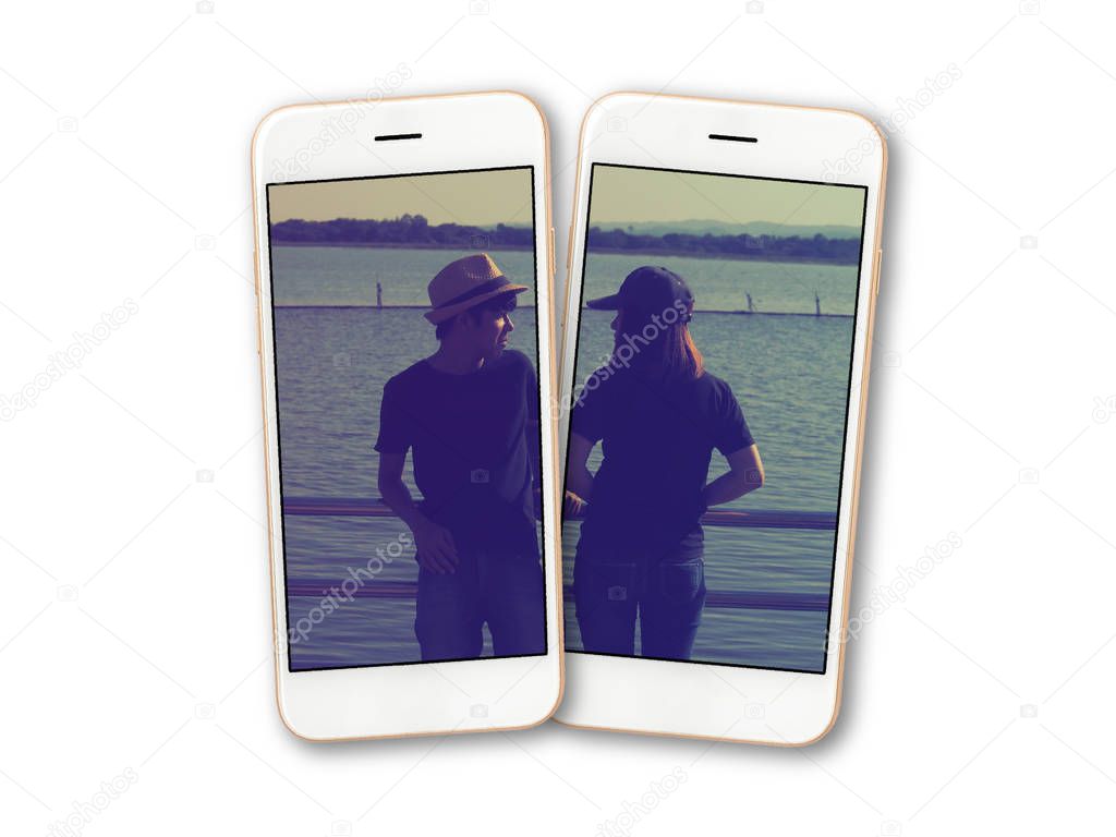 Couples photo on smartphone screen isolate