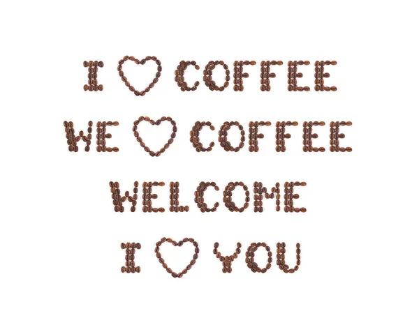 Geröstete Kaffeebohnen in Buchstaben angeordnet — Stockfoto