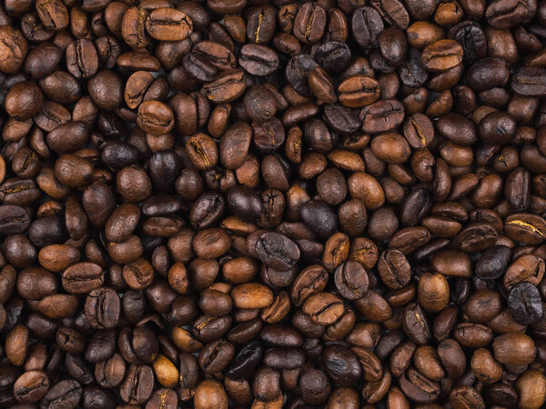Close-up and top view of roasted Thai coffee beans texture background.