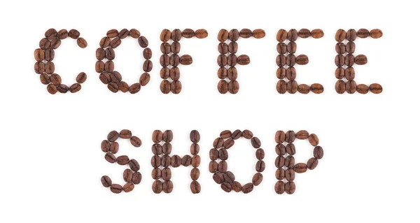 コーヒーメニューやコーヒーショップの看板の白い背景に文字で配置された高解像度ローストコーヒー豆 — ストック写真