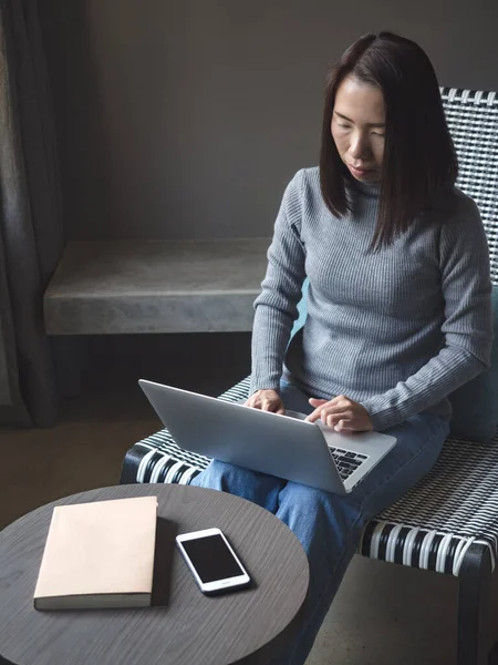 Asia Beautiful Woman Working Laptop Her Room Wake Copy Space — Stok fotoğraf