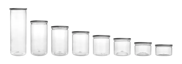 Collection Set Empty Transparent Pet Can Jar Canning Preserving Isolated — Stock Photo, Image