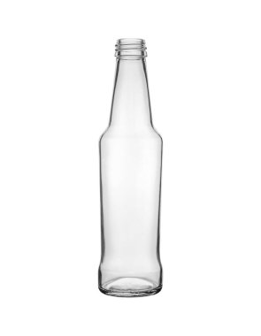 Beyaz arka planda konserve ve muhafaza için boş şeffaf cam şişe.