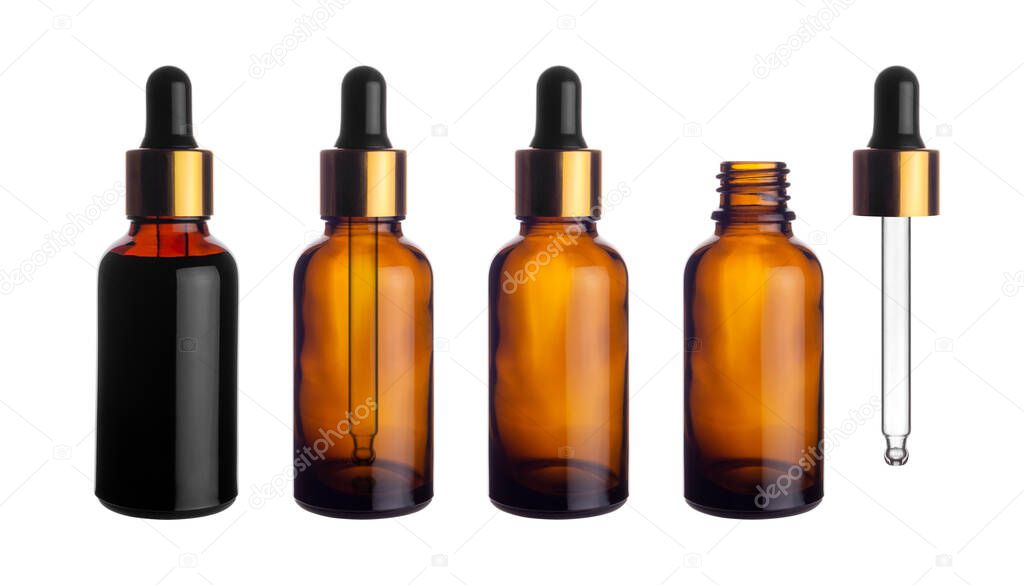 Collection set of empty transparent brown dropper bottle with pipette for canning and preserving isolated on white background with clipping path.