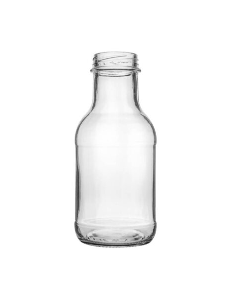 Empty transparent glass bottle for canning and preserving isolated on white background.