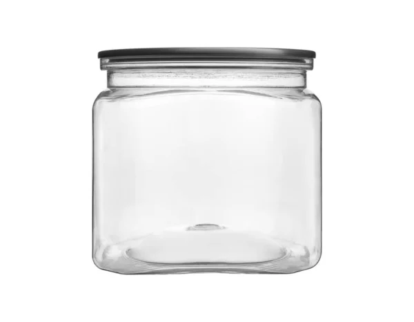 Empty transparent PET can jar for canning and preserving isolated on white background.