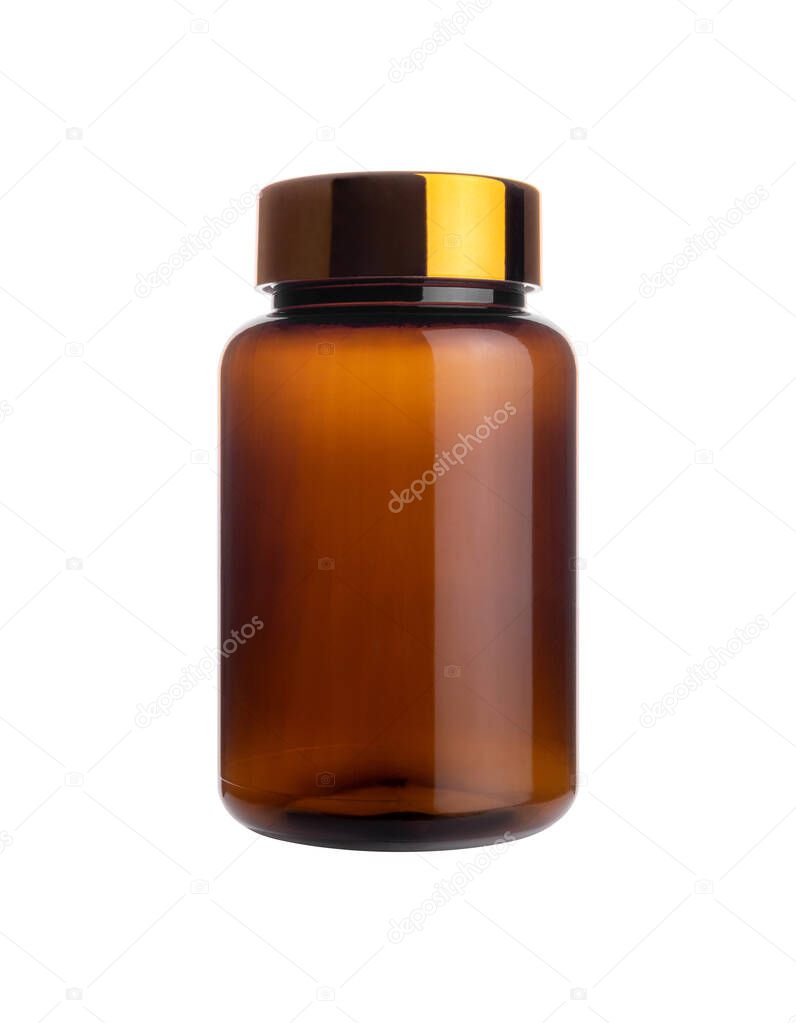 Empty transparent brown PET can jar with golden cap for canning and preserving isolated on white background with clipping path.