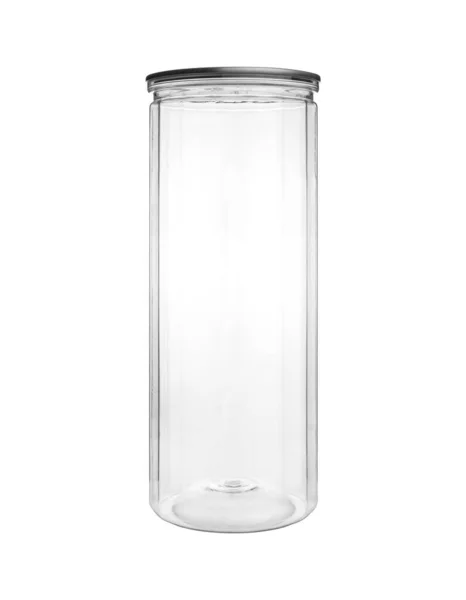 Empty transparent PET can jar for canning and preserving isolated on white background.