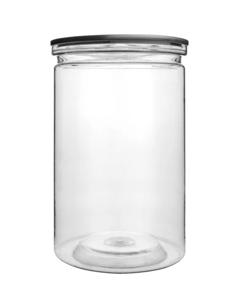 Empty transparent PET can jar for canning and preserving isolated on white background.
