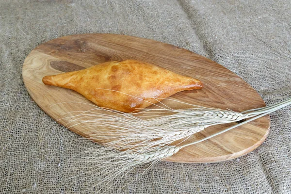 Appetizing Uzbek Samsa Puff Pastry Kitchen Board Spikelet Wheat — Stock Photo, Image