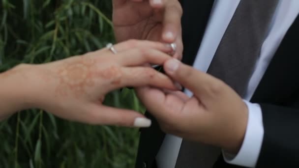 Der Bräutigam Legt Den Ring Den Finger Der Braut — Stockvideo