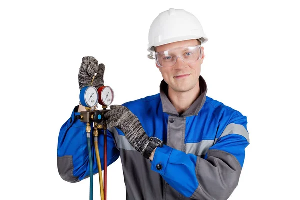 Builder, Instalator wentylacji z narzędziami w rękach — Zdjęcie stockowe