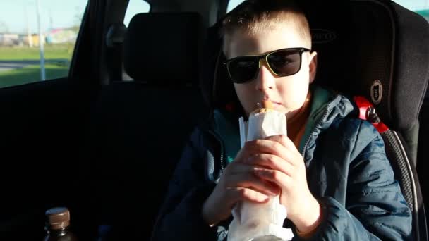 A boy eats a hot dog in the car — Stock Video