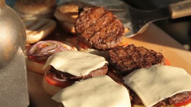 Cocinar hamburguesas en un picnic — Vídeo de stock