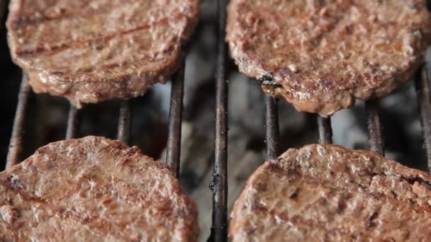Grilled meat sausages on charcoal grill — Stock Video
