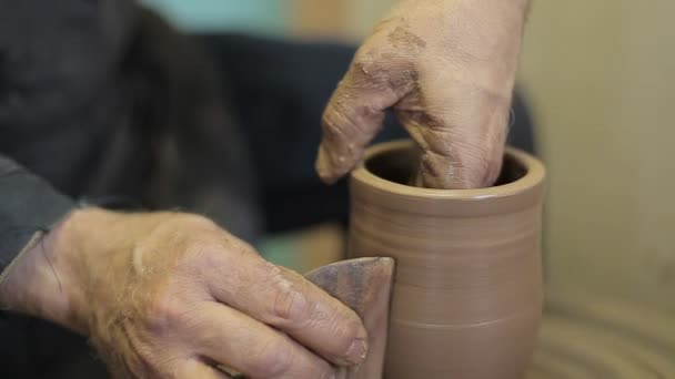 Een ervaren pottenbakker creëert een mooie kleivaas — Stockvideo