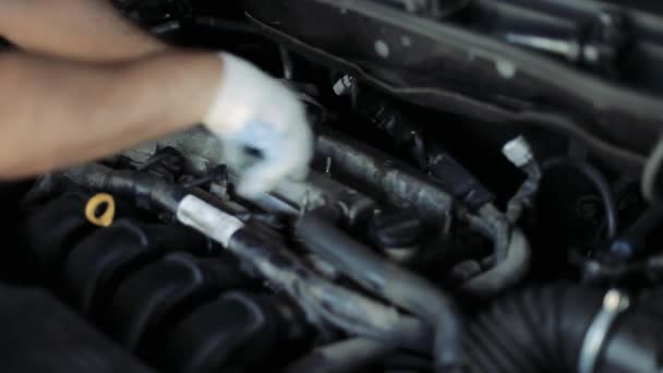 Auto mecânica masculina muda velas de ignição em um motor de carro — Vídeo de Stock