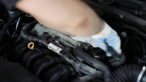 Auto mecânica masculina muda velas de ignição em um motor de carro — Vídeo de Stock