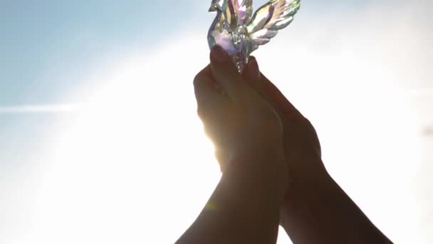 The girl holds a glass bird in her hands on a background of blue sky — Stock Video