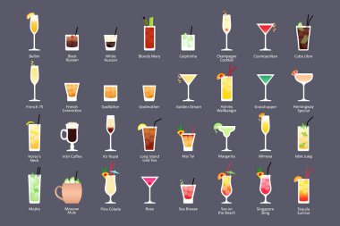 Alcoholic cocktails, IBA official cocktails Contemporary Classics. Icons set in flat style on dark background
