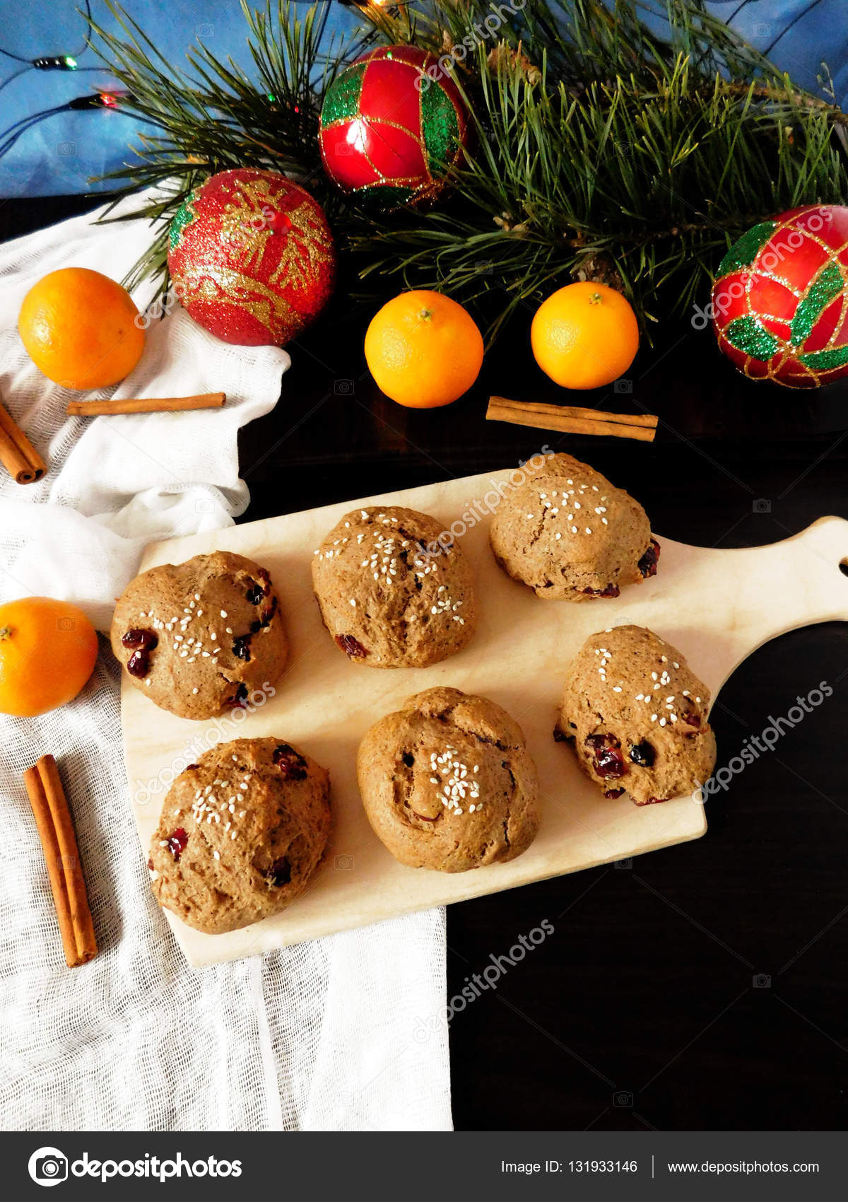 Rye Scones Surrounded By Christmas Decorations Stock Photo