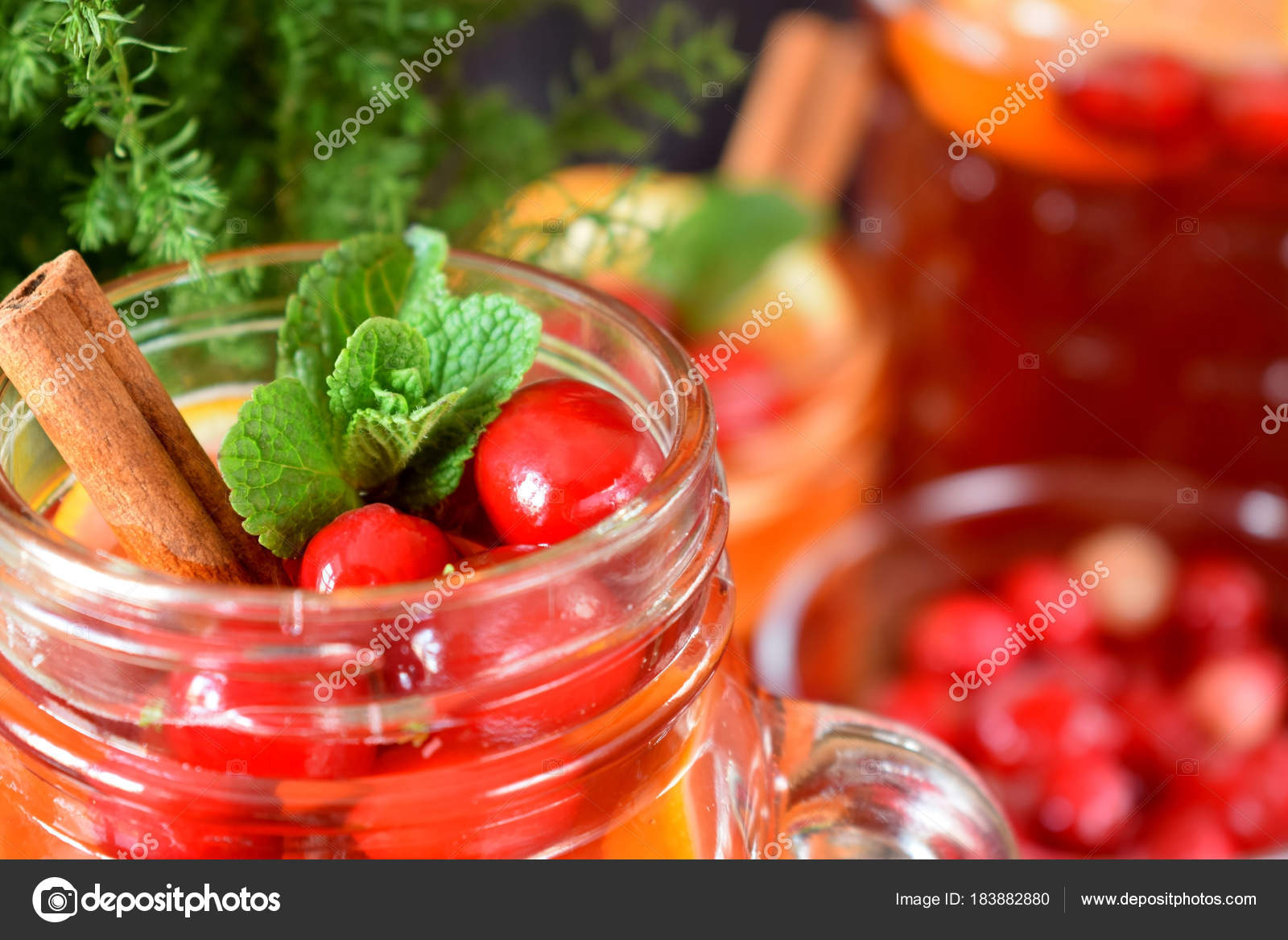 Punch Cranberries Orange Decorated Mint Stick Cinnamon Glass