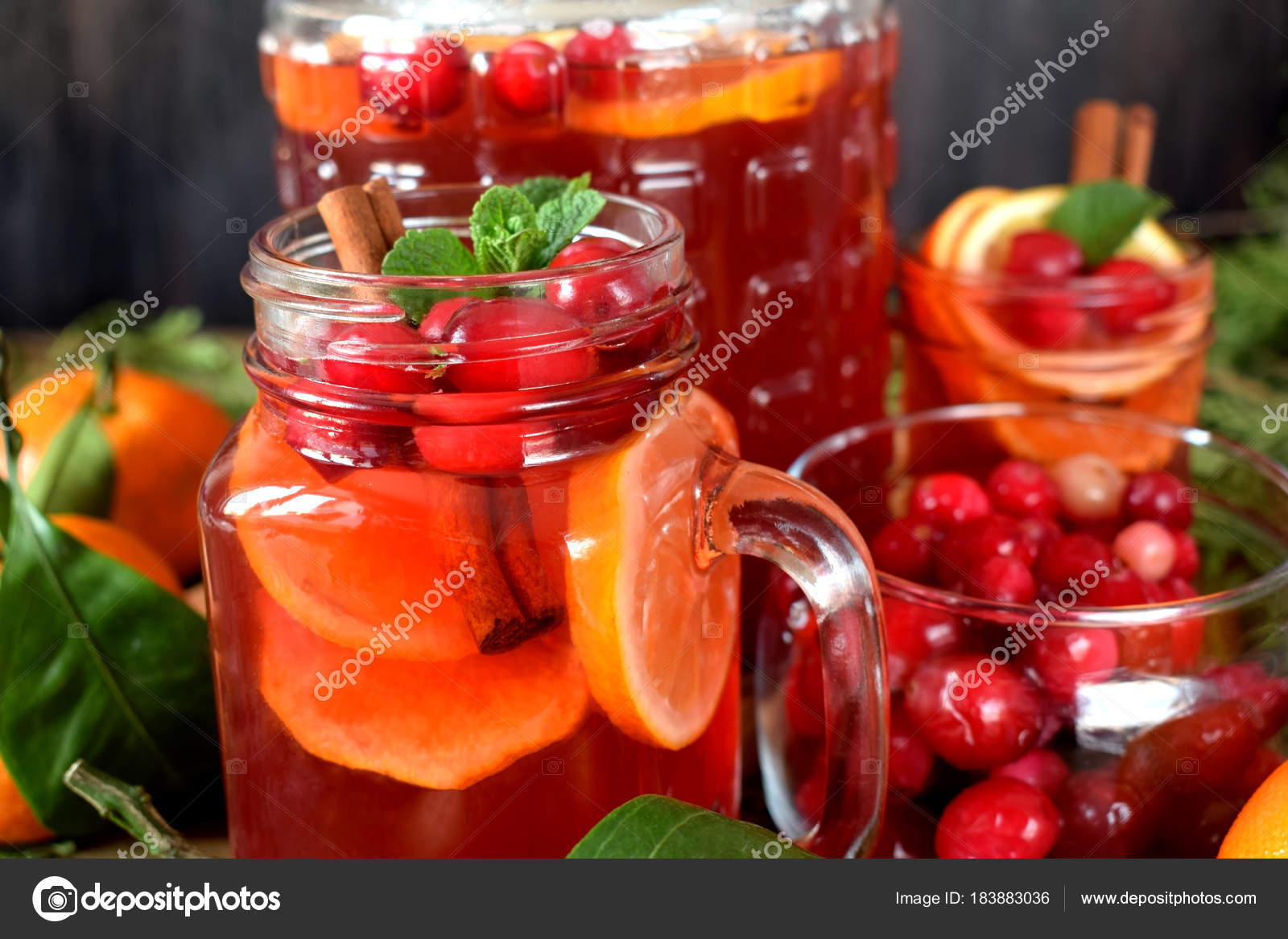 Punch Cranberries Orange Decorated Mint Stick Cinnamon Glass