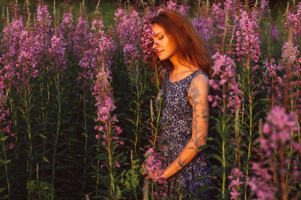 Hermosa chica en el campo, luz del sol, salida del sol —  Fotos de Stock