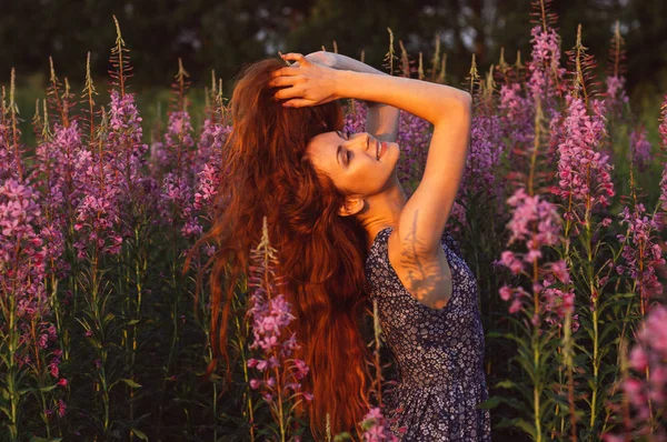 Schöne Mädchen im Feld, Sonnenhintergrundbeleuchtung, Sonnenaufgang — Stockfoto