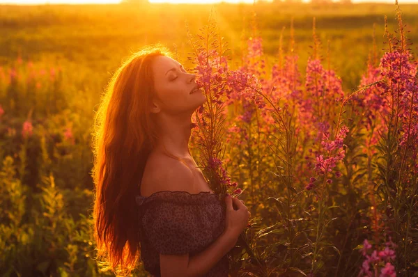 Schöne Mädchen auf dem Feld, Sonnenuntergang, Sonnenaufgang — Stockfoto