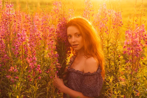 Hermosa chica en el campo, luz del sol, salida del sol — Foto de Stock