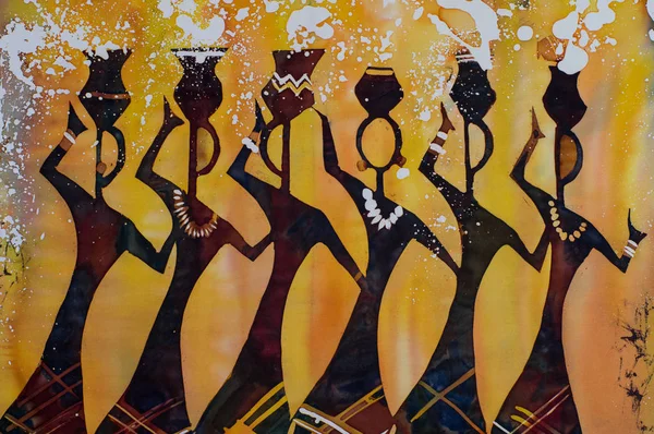 Dancing women with jars on heads, fragment, hot batik — Stock Photo, Image