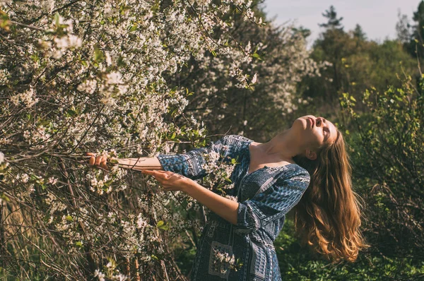 Retrato de niña en jardín de cerezos — Foto de Stock