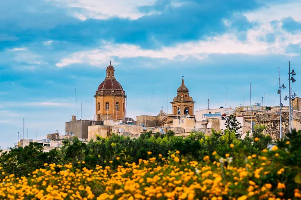 Pohled Kostel Svatého Vavřince Oranžovými Květy Birgu Malta — Stock fotografie