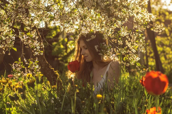 Девушка в белом платье сидит среди цветов рядом с тюльпаном на закате , — стоковое фото