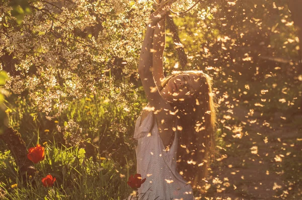 身着白衣的女孩坐在花中间，在郁金香旁飘飘然飘扬 — 图库照片