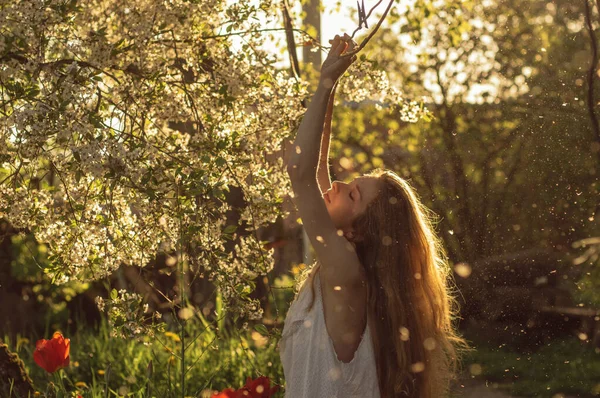 Meisje in witte jurk zitten tussen bloemen en pluis — Stockfoto