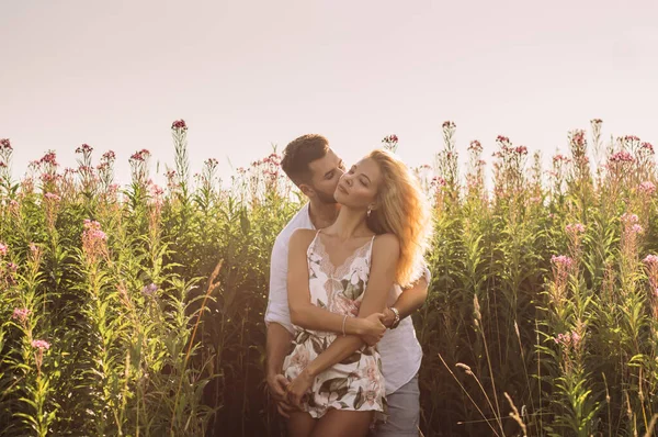 Jovem abraçando e beijando sua namorada no campo — Fotografia de Stock