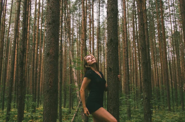 Portrait of young beautiful girl  in forest that holds tree — Stock Photo, Image